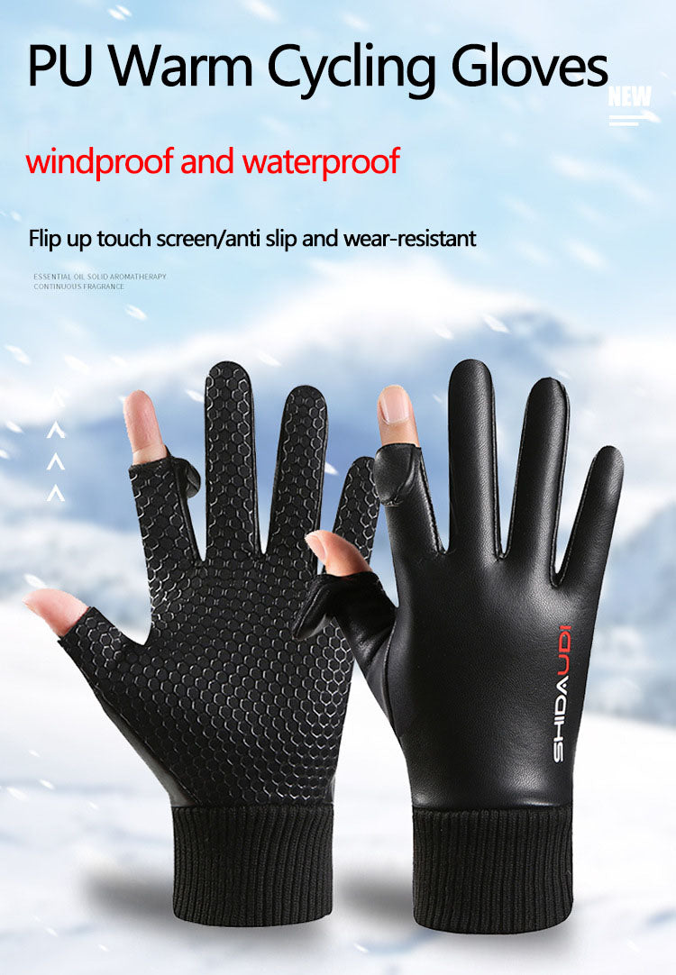 PU men's velvet warm outdoor gloves touch screen gloves windproof and waterproof gloves