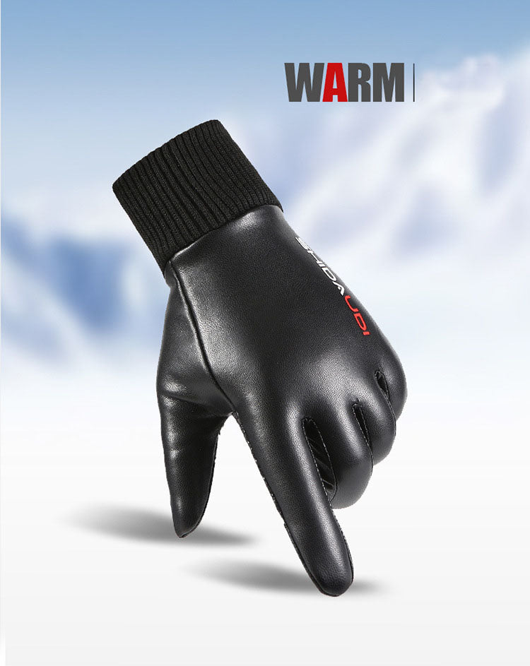 PU men's velvet warm outdoor gloves touch screen gloves windproof and waterproof gloves