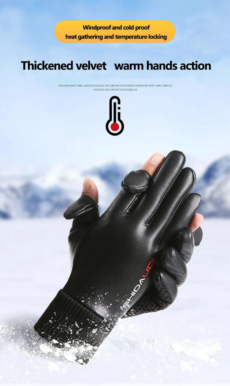 PU men's velvet warm outdoor gloves touch screen gloves windproof and waterproof gloves