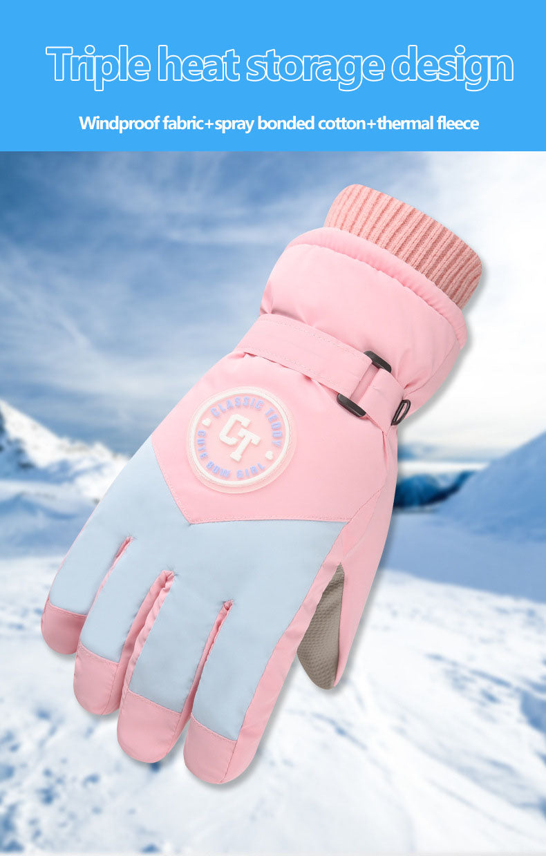 Ski gloves for women in winter, warm riding, anti cold, with thick velvet touch screen and windproof cotton