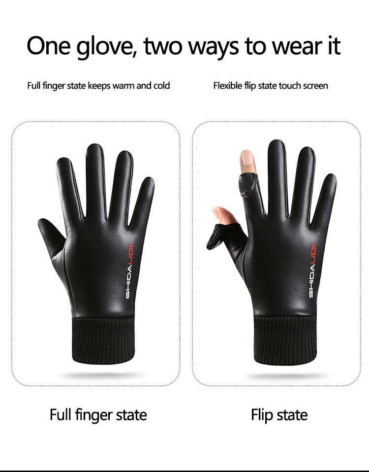 PU men's velvet warm outdoor gloves touch screen gloves windproof and waterproof gloves