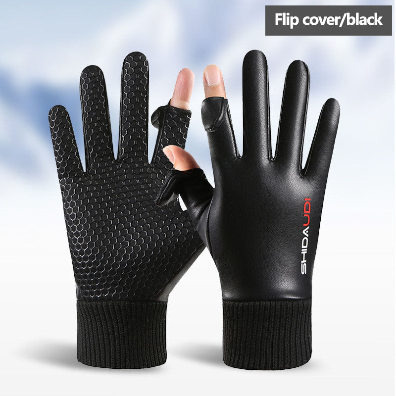 PU men's velvet warm outdoor gloves touch screen gloves windproof and waterproof gloves