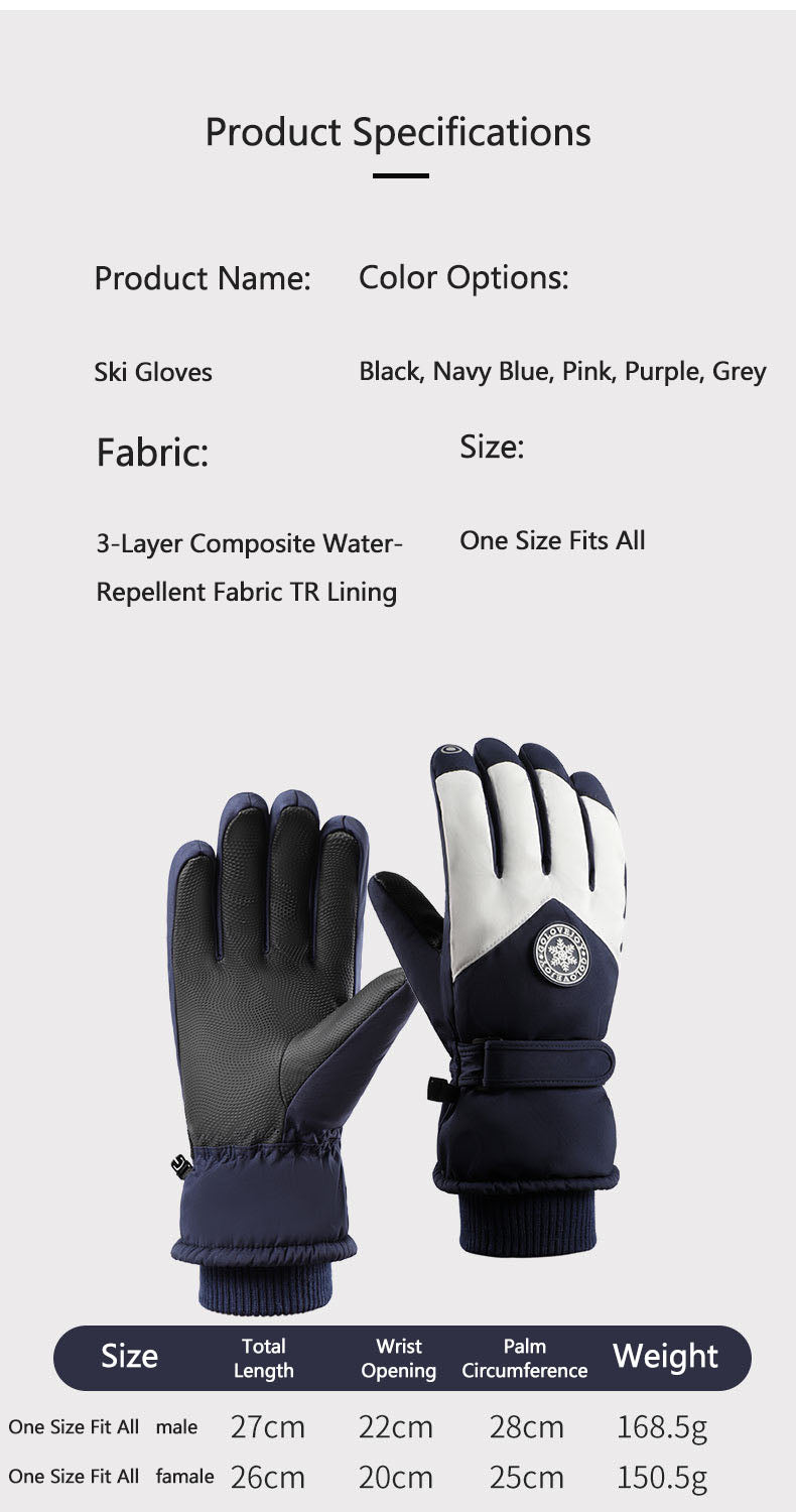 Ski gloves for men and women in winter, with thick velvet, anti splash, anti slip, touch screen, outdoor cycling, cold and warm gloves