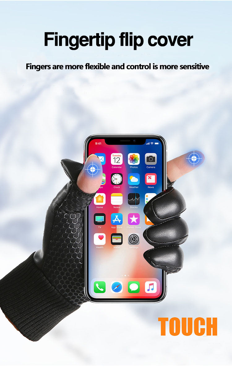 PU men's velvet warm outdoor gloves touch screen gloves windproof and waterproof gloves