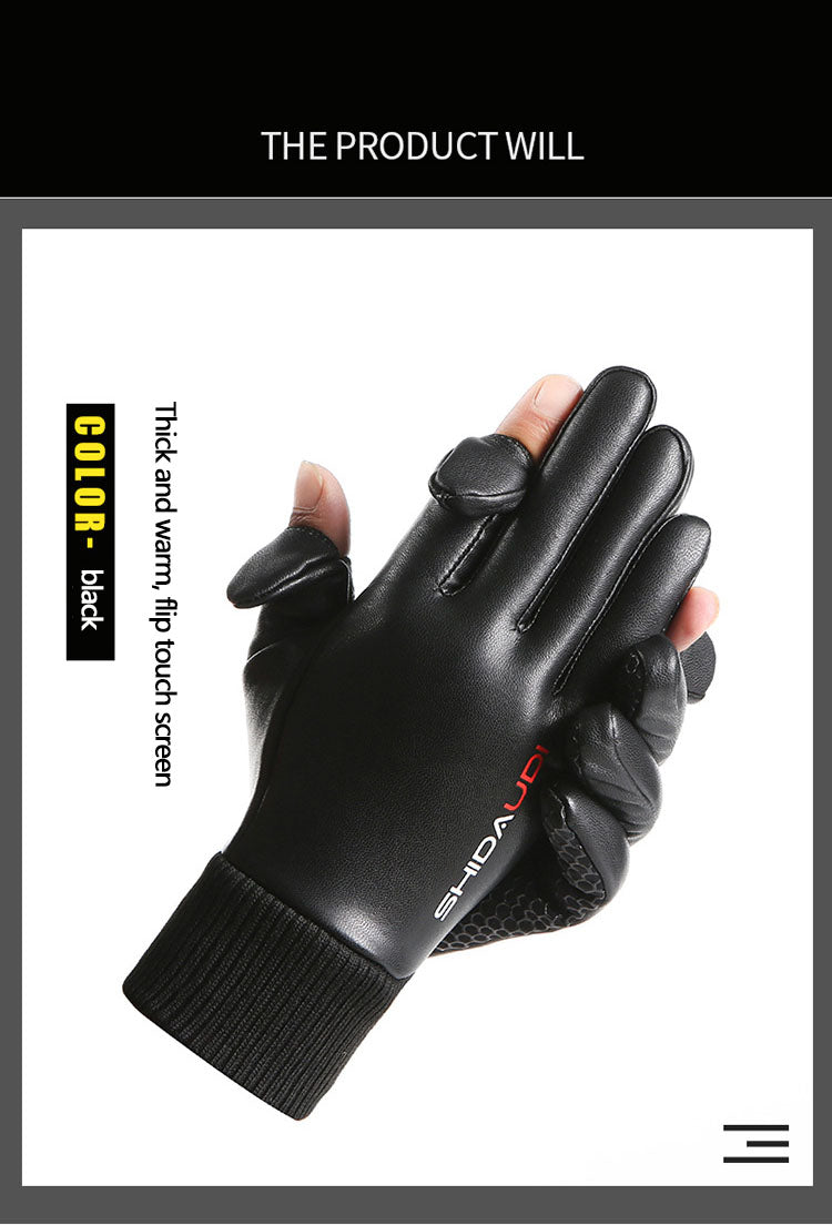 PU men's velvet warm outdoor gloves touch screen gloves windproof and waterproof gloves