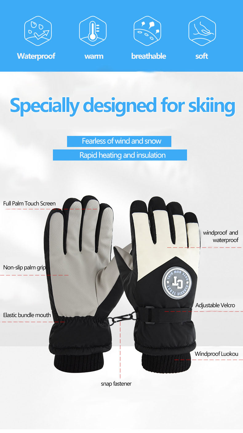 Ski gloves for women in winter, warm riding, anti cold, with thick velvet touch screen and windproof cotton